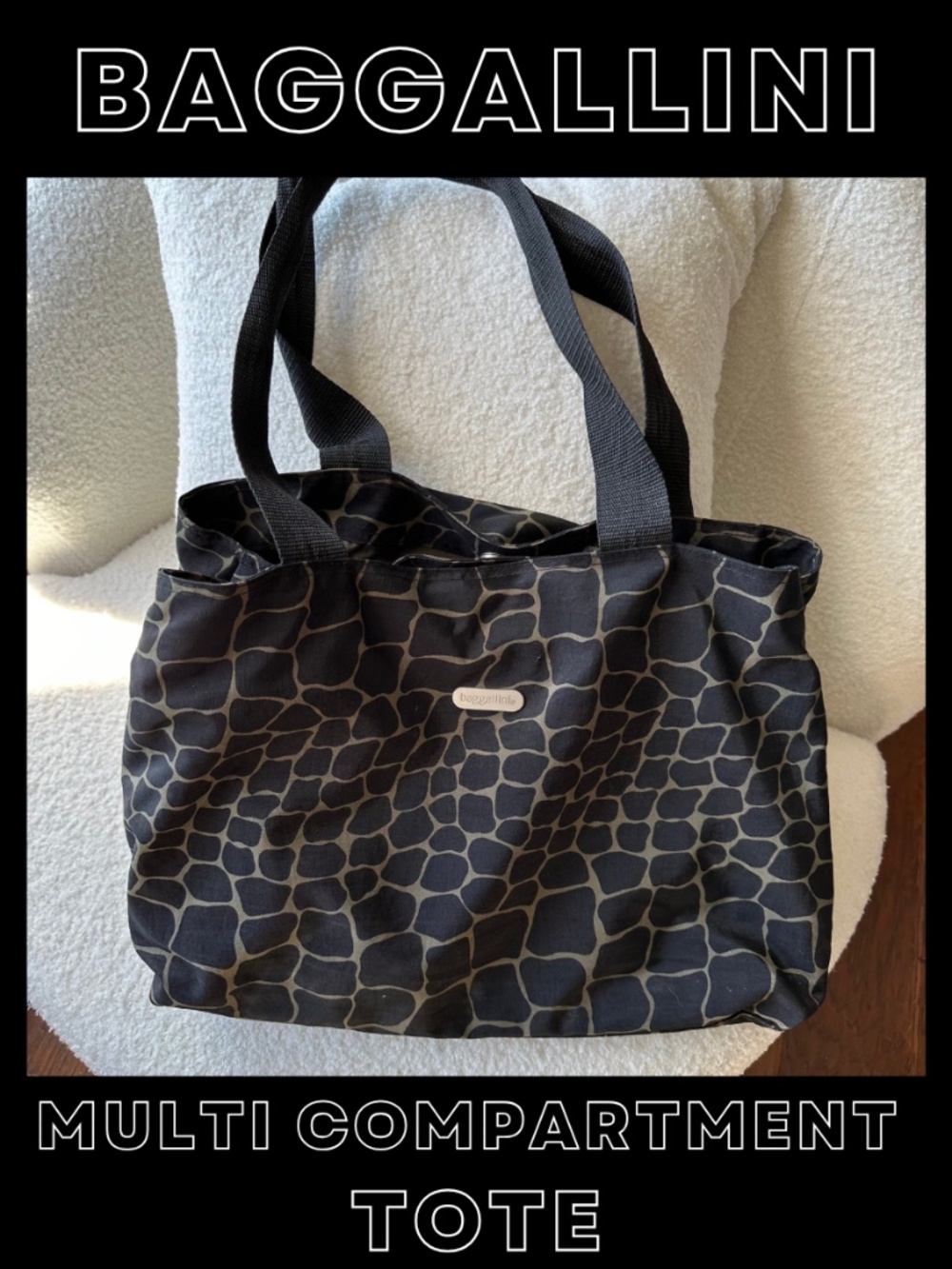 baggallini tote black and tan animal giraffe print